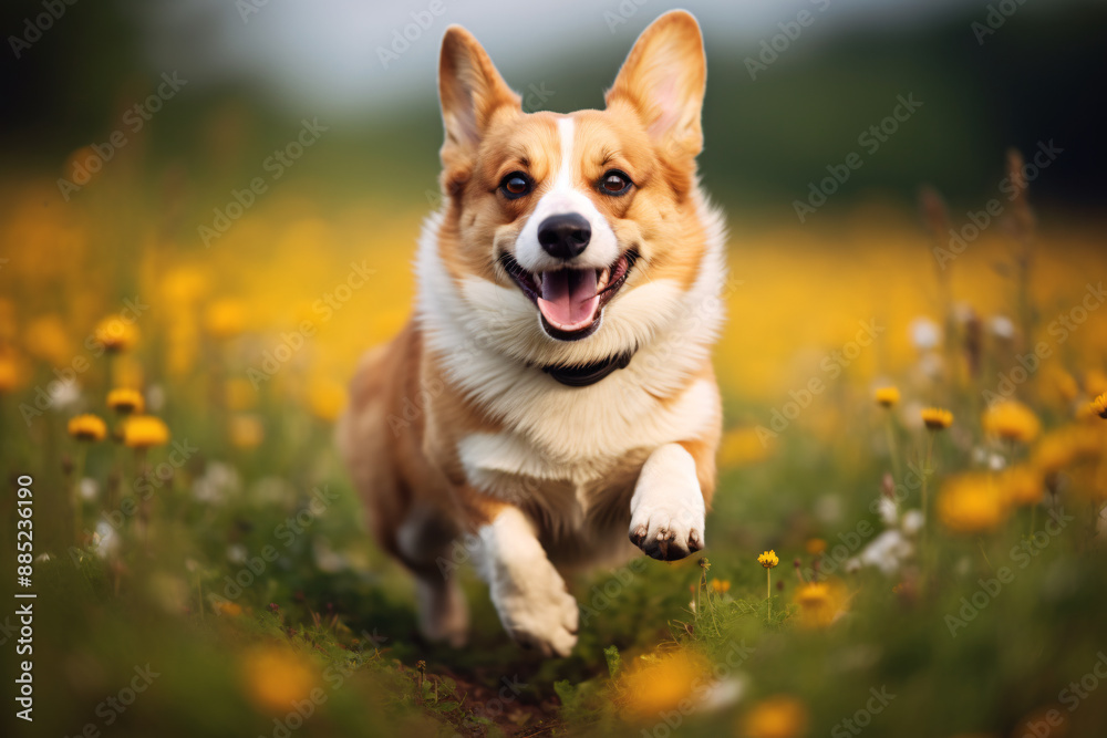 a dog running through a field of flowers a dog running through a field of flowers