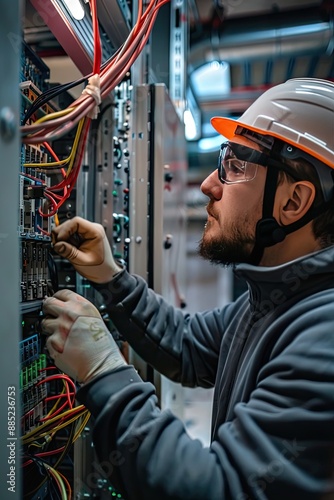 a male electrician repairs a shield. selective focus