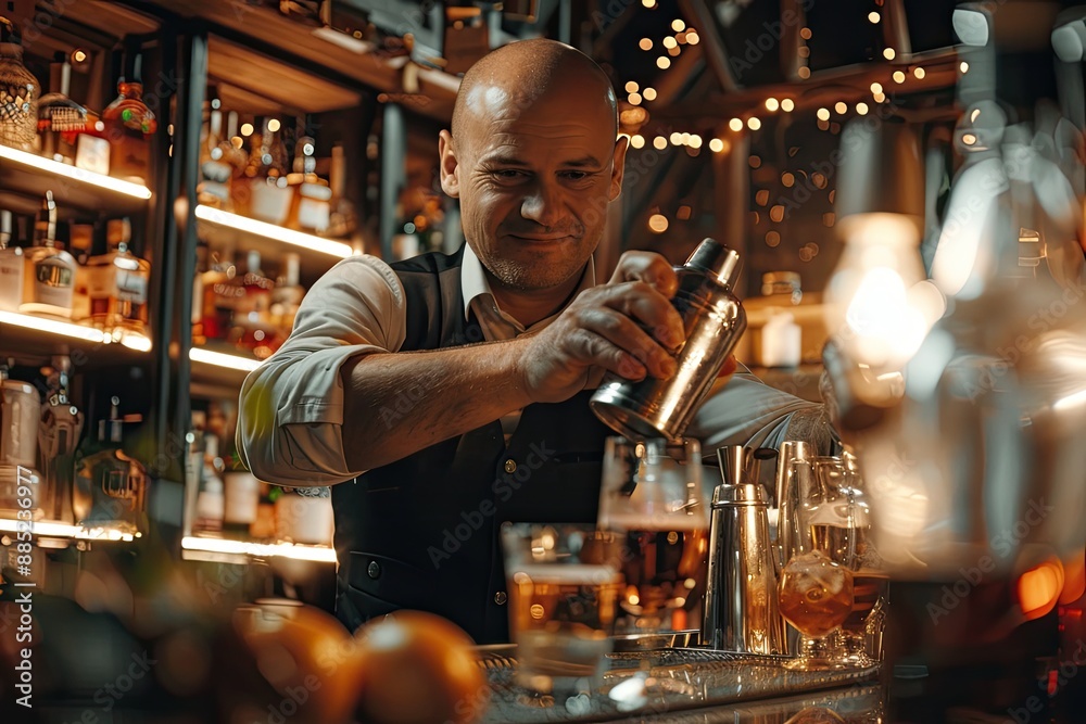 Bartender in restaurant bar shaking cocktail for customer preparing alcoholic drink for party Bartender in restaurant bar shaking cocktail for customer preparing alcoholic drink for party