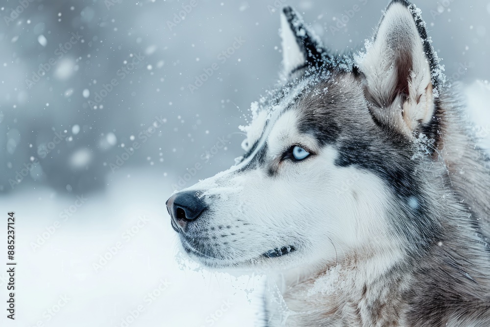 Naklejka premium Beautiful Husky in winter snow portrait