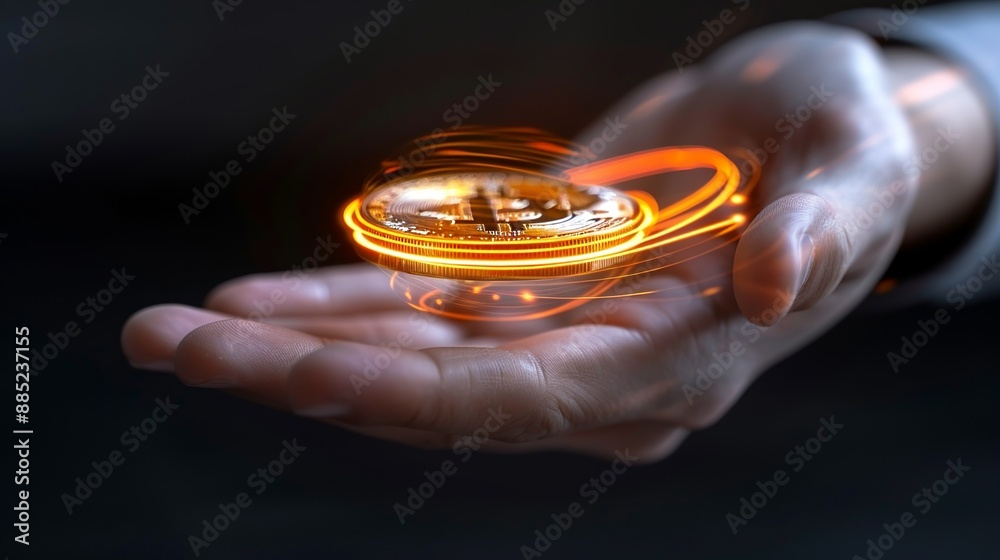 Dynamic illustration of a digital hand holding virtual currency, symbolizing financial technology, digital payments, and e-commerce. High Resolution picture, , Minimalism, Dynamic illustration of a digital hand holding virtual currency, symbolizing financial technology, digital payments, and e-commerce. High Resolution picture, , Minimalism,