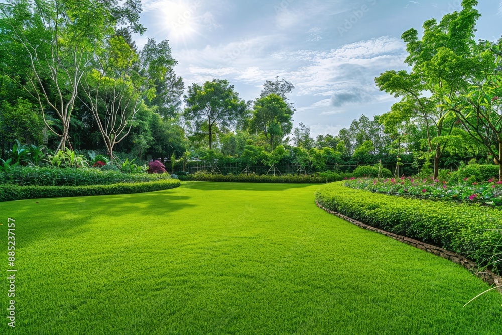 Fototapeta premium Beautiful landscape garden with mowed grass lawn and green trees
