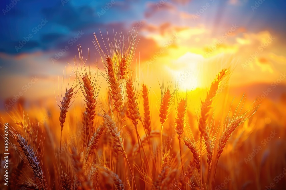 Beautiful sunset over lush wheat field in summer Agriculture in nature Beautiful sunset over lush wheat field in summer Agriculture in nature