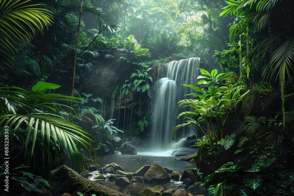 Central American rainforest with a waterfall Central American rainforest with a waterfall