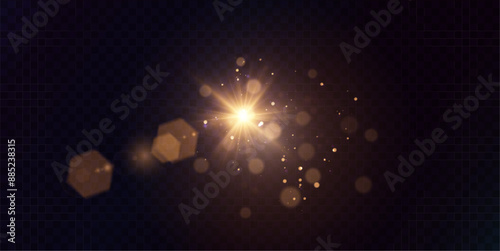 Light effect. Abstract yellow flash of light and laser beams with glitter. Isolated on transparent background. Vector art and web design and illustrations.