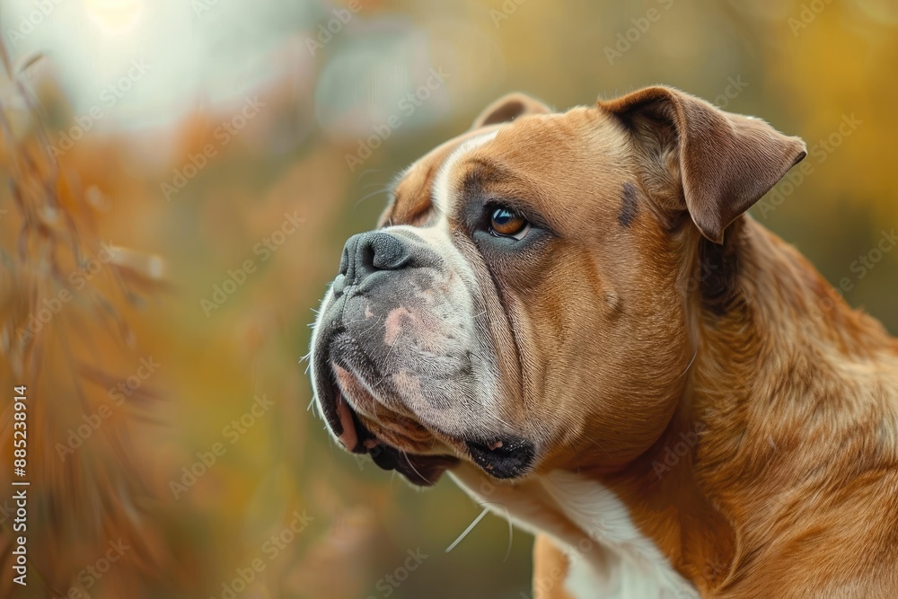 Close up photo of English Bulldog with outdoor backdrop Close up photo of English Bulldog with outdoor backdrop