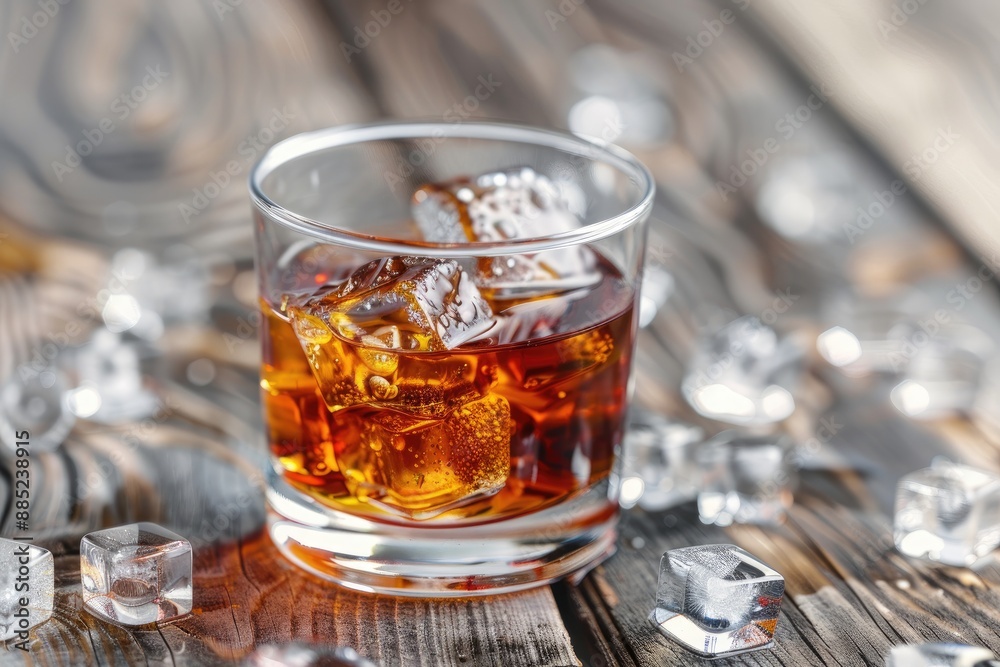 Close up of whiskey and ice in a glass on wood Close up of whiskey and ice in a glass on wood