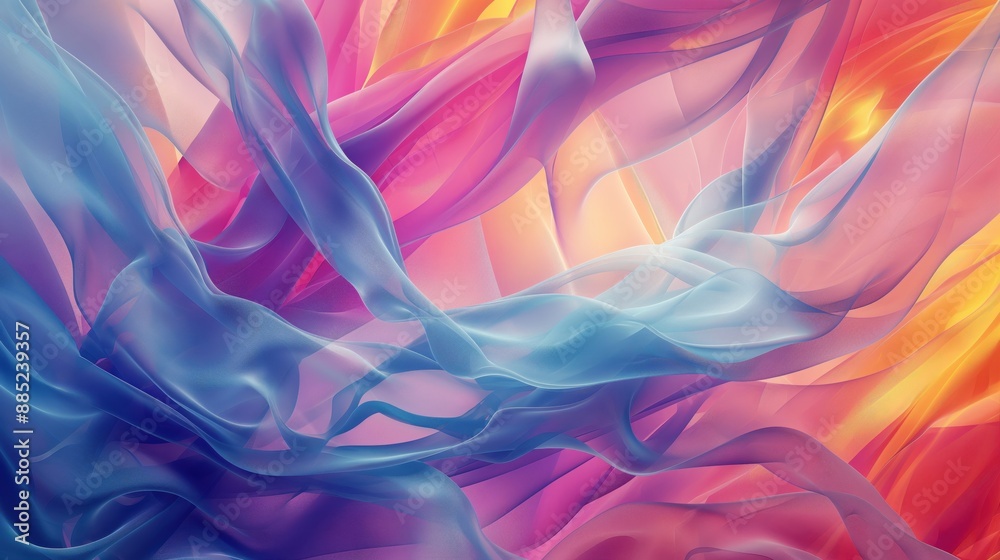 Fototapeta premium Abstract colorful flowing fabric with smooth curves and gradients in pink, blue, and yellow hues, creating a dynamic and vibrant visual effect.
