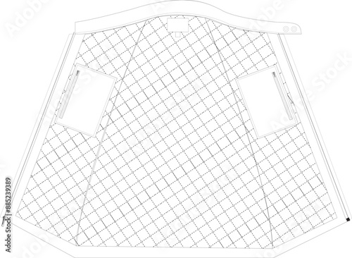 This technical drawing presents a detailed illustration of a men's motorcycle jacket with a robust and stylish design. Precise lines depict construction features and standout design elements