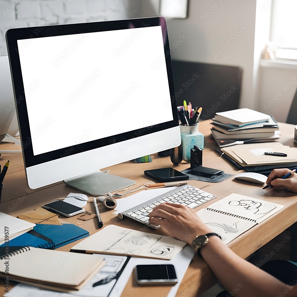 Modern personal computer with blank white screen, keyboard, mobile phone and office accessories on desk at workplace background Modern personal computer with blank white screen, keyboard, mobile phone and office accessories on desk at workplace background