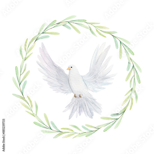 Watercolor white dove and olive branches. White birds in laurel wreath. Pigeon clip art. Hand drawn illustration isolated on background. Decorative design elements