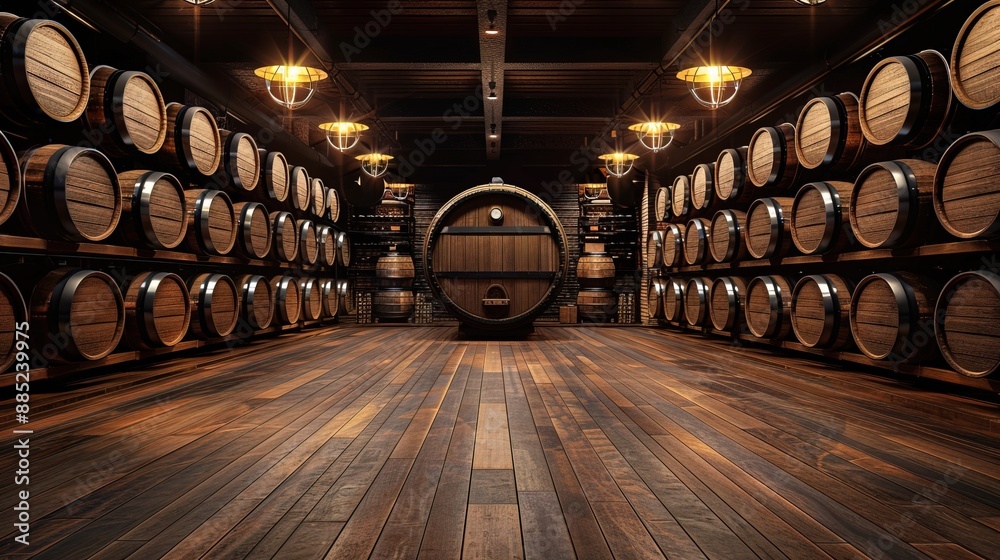 Light photo of a modern wine cellar with wooden barrels, wine industry background Light photo of a modern wine cellar with wooden barrels, wine industry background