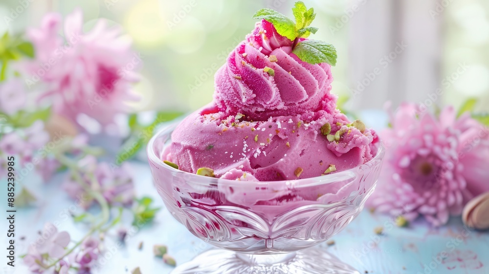 vibrant raspberry sorbet swirls in crystal bowl garnished with fresh mint and crushed pistachios soft pastel background with delicate floral patterns vibrant raspberry sorbet swirls in crystal bowl garnished with fresh mint and crushed pistachios soft pastel background with delicate floral patterns