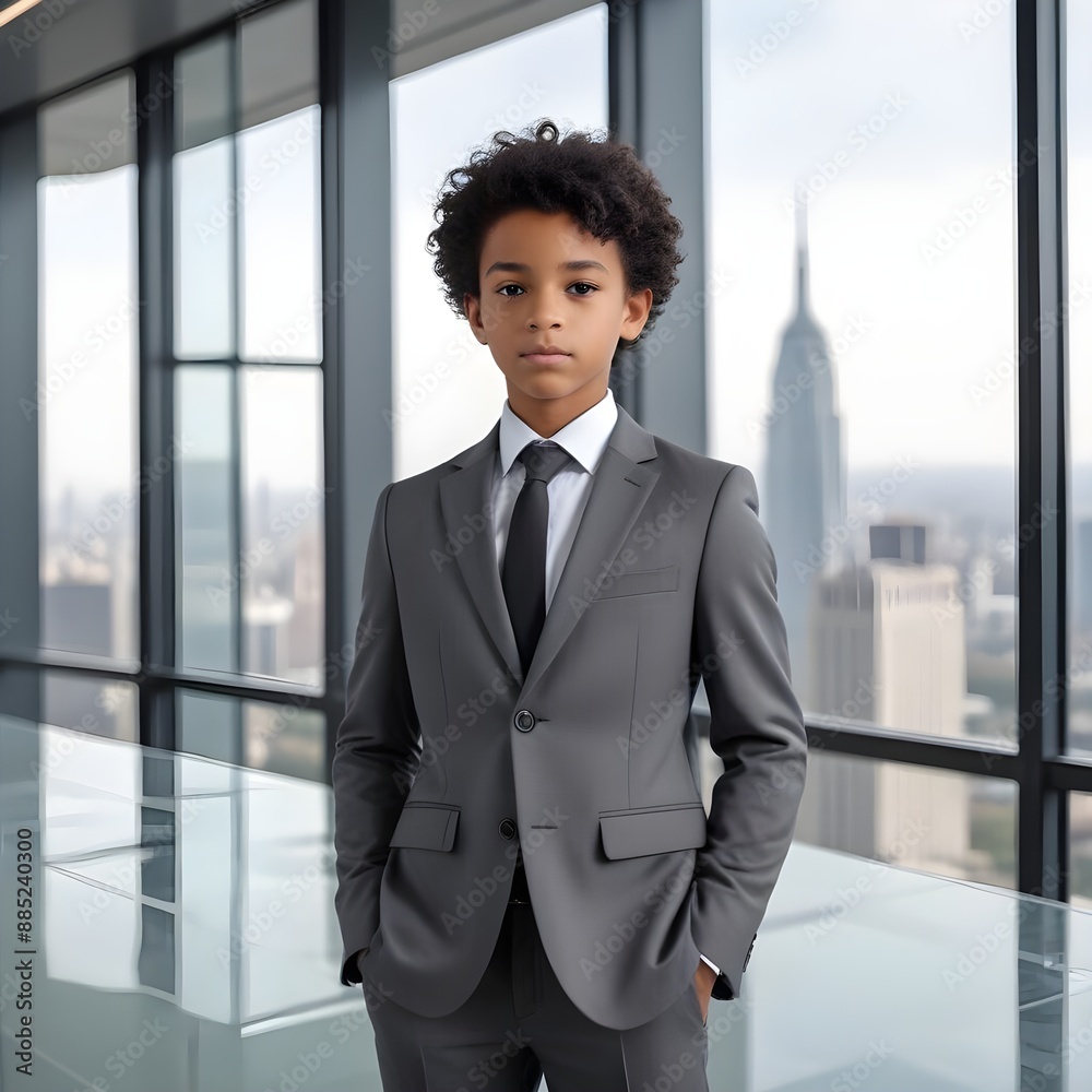 Fototapeta premium A buddy businessman, a confident young mixed-race boy with short wavy hair, wearing a dark gray suit in a business office.