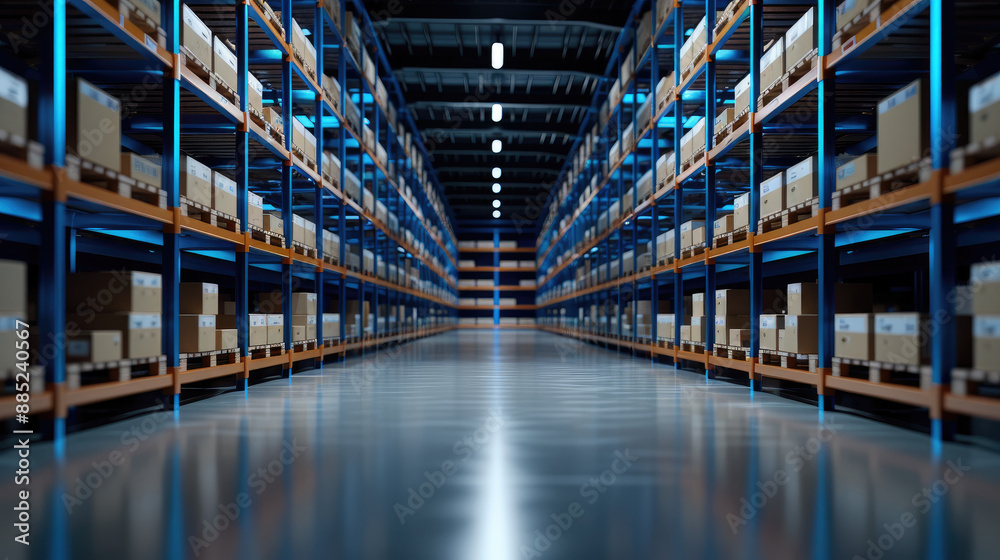 The photo shows a large, modern warehouse with blue shelves and a shiny concrete floor. The photo shows a large, modern warehouse with blue shelves and a shiny concrete floor.