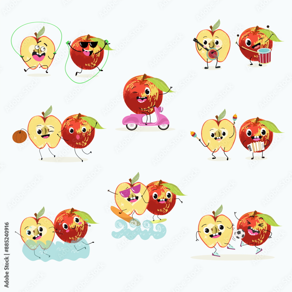 Naklejka premium Cute red apple character with many expressions, fruit different activities, poses vector illustration flat design set.