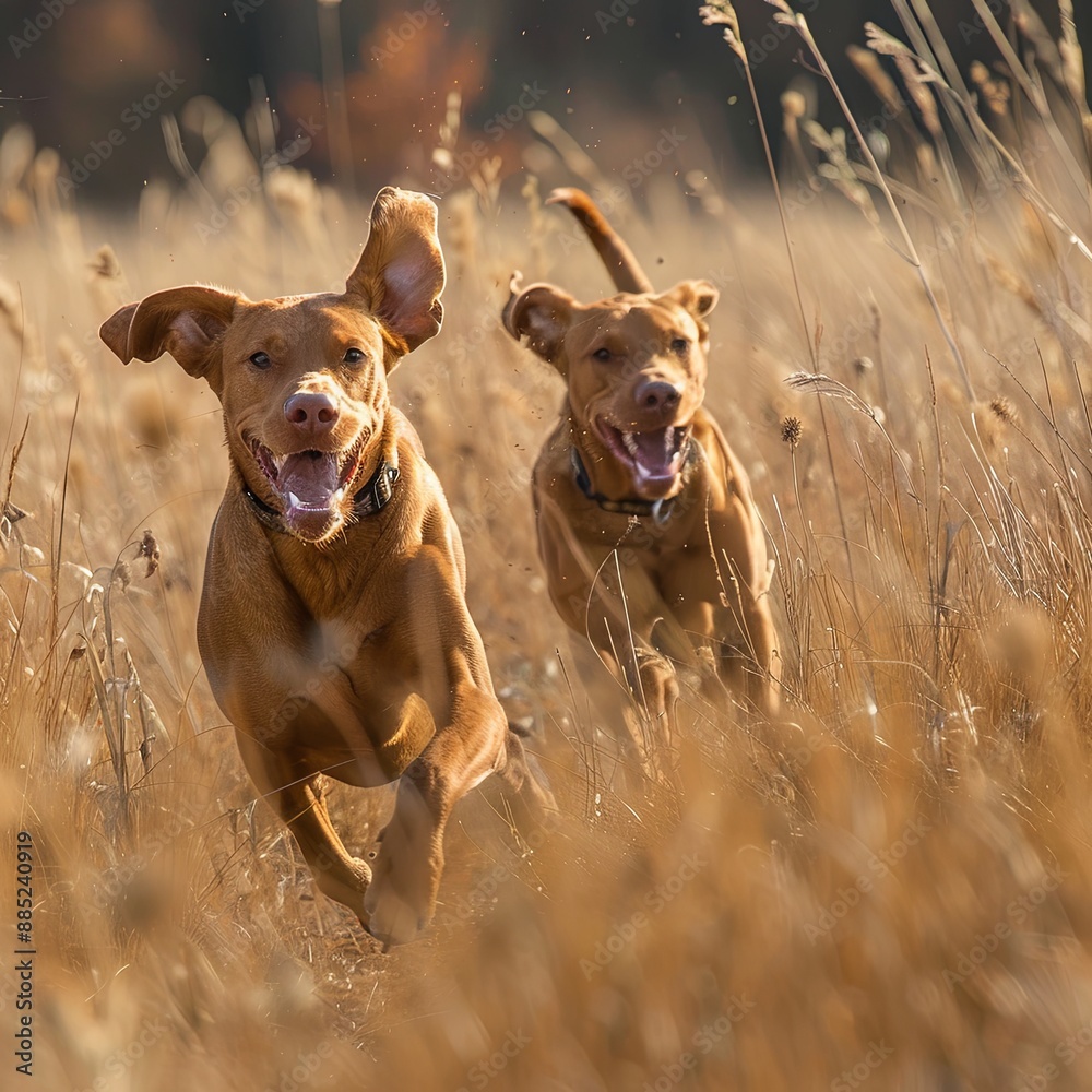 Hungarian vizslas running in autumn tall grass Hungarian vizslas running in autumn tall grass