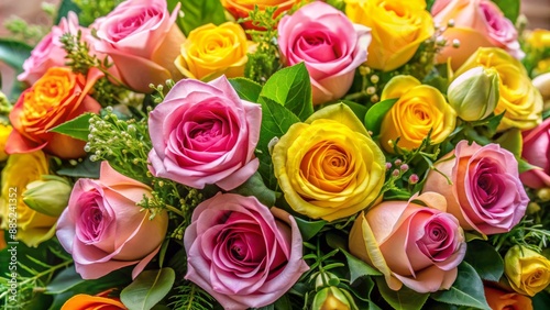 Vibrant floral arrangement featuring pink and yellow roses, lush green leaves, and delicate stems, evoking a sense of natural elegance.