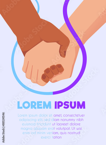 Hand shake with ribbon, unity diverse partnership human arm gesture, heart, suicide prevention, empathy vector poster