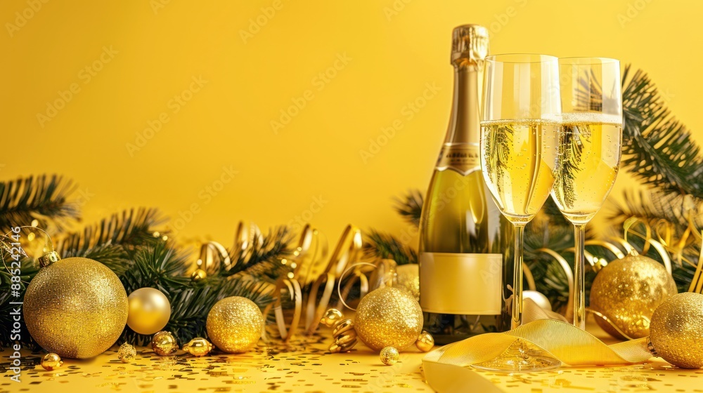Festive Christmas background with a bottle of champagne, glasses with decorative elements, golden balls, fir tree, garland, ribbon and confetti. Merry Christmas and Happy New Year. Festive Christmas background with a bottle of champagne, glasses with decorative elements, golden balls, fir tree, garland, ribbon and confetti. Merry Christmas and Happy New Year.