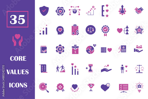 Core values editable  icons set. Core value related icons : performance, passion, love, motivation, empathy, mission, goal, accountability and more flat icon.