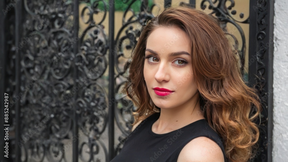 Fototapeta premium the woman is posing in front of an ornate gate,