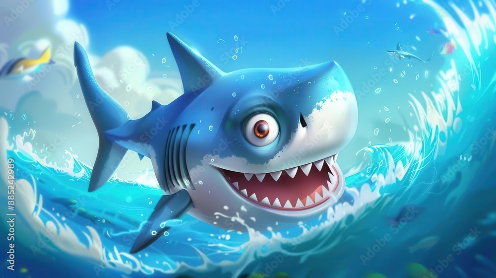 whimsical cartoon shark character exaggerated features playful expression vibrant ocean background childfriendly style whimsical cartoon shark character exaggerated features playful expression vibrant ocean background childfriendly style