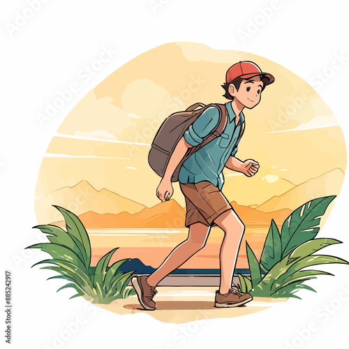 Young Man Walking Along Beach Path with Backpack