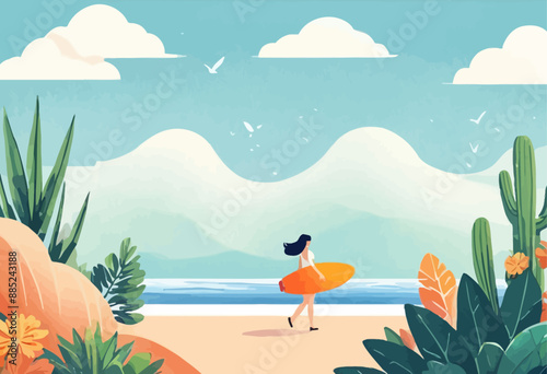 Woman with surfboard on beach, looking out to sea