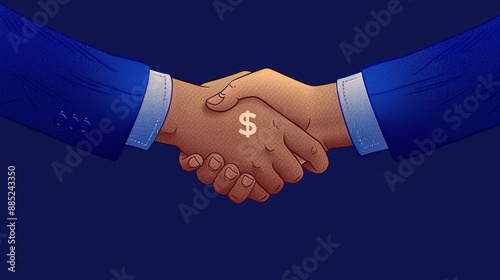Simple illustration of a hand shaking with money symbols, symbolizing financial agreements, successful partnerships, and business deals. Illustration, Image, sci, Science, Technology, Engineering , © DARIKA