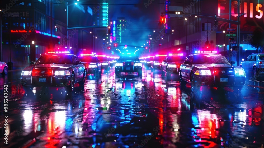 Chicago Police Department Vehicles Line Up Downtown with Lights Flashing Chicago Police Department Vehicles Line Up Downtown with Lights Flashing
