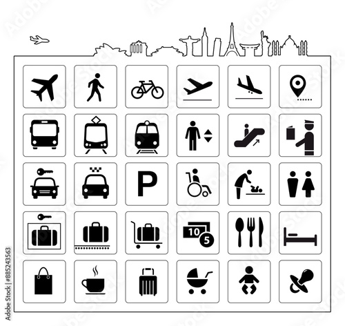 Travelling and airport transport icons set. The outline icons are well scalable and editable. Contrasting vector elements are good for different backgrounds. EPS10.	