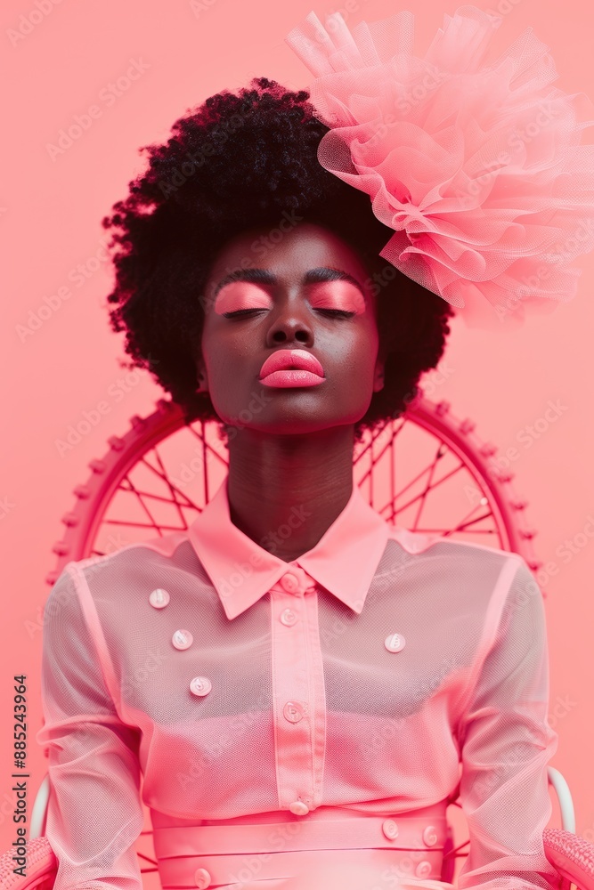 Woman in pink clothing with headpiece