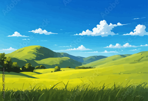 Vibrant Fieldscape with Rolling Hills and Fluffy Clouds