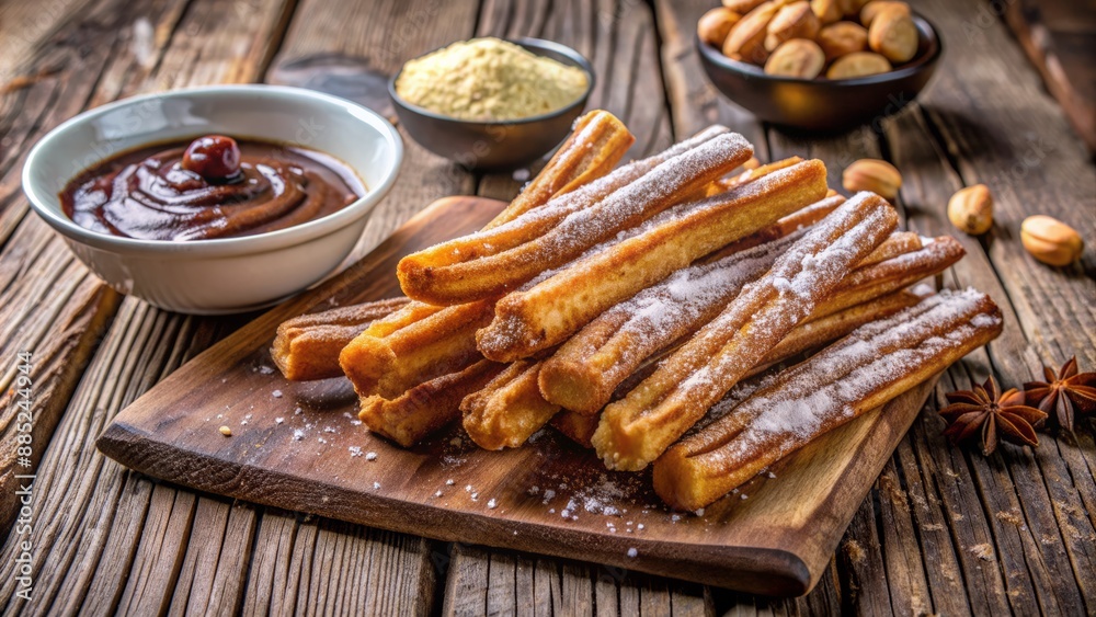 Golden fried dough pastry sticks sprinkled with sugar, cinnamon, and chocolate sauce, arranged artfully on a rustic wooden background. Golden fried dough pastry sticks sprinkled with sugar, cinnamon, and chocolate sauce, arranged artfully on a rustic wooden background.