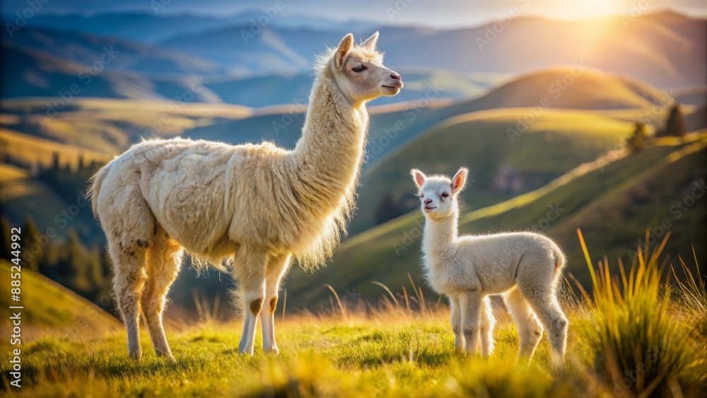 Obraz premium Adorable white alpaca tenderly gazes at its adorable offspring standing together in a serene, sun-kissed Andean highlands meadow landscape.