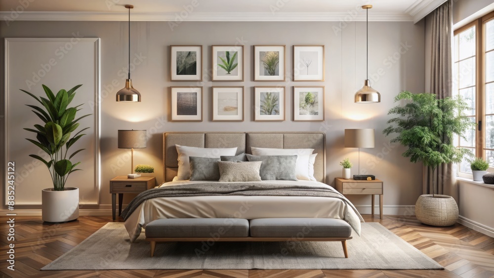 Elegant modern bedroom features a stylish wall art display with framed prints and minimalist decor against a soft Cream background Elegant modern bedroom features a stylish wall art display with framed prints and minimalist decor against a soft Cream background