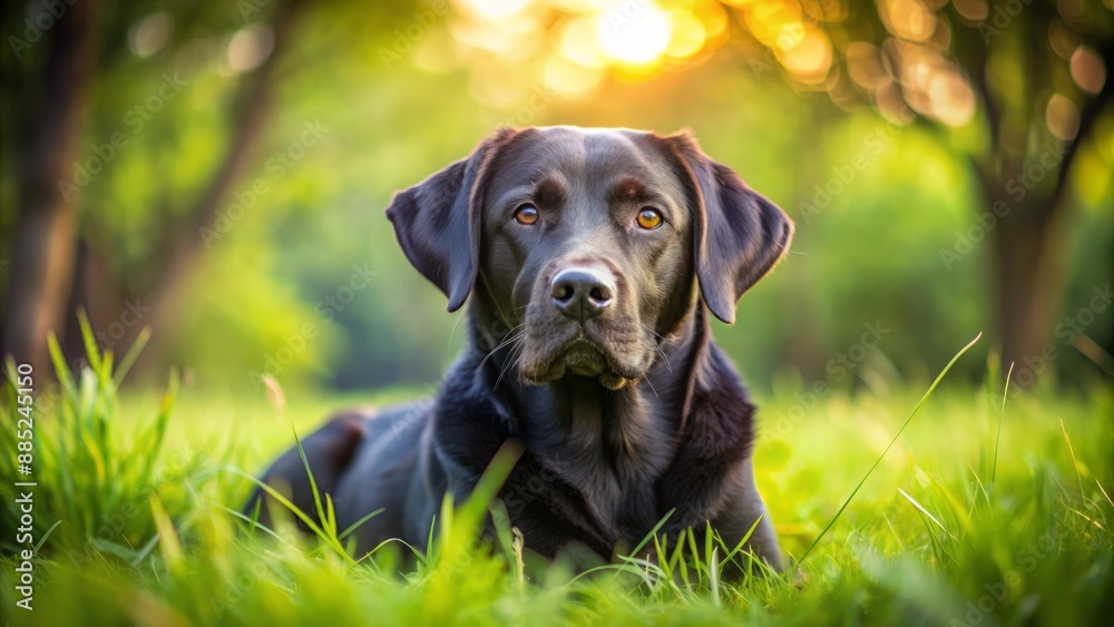Adorable black labrador retriever lies peacefully on lush green grass, surrounded by serene natural environment, exuding innocence and tranquility. Adorable black labrador retriever lies peacefully on lush green grass, surrounded by serene natural environment, exuding innocence and tranquility.
