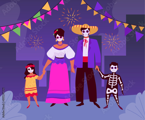 The Day of Death in a vector illustration with a family with kalaki makeup