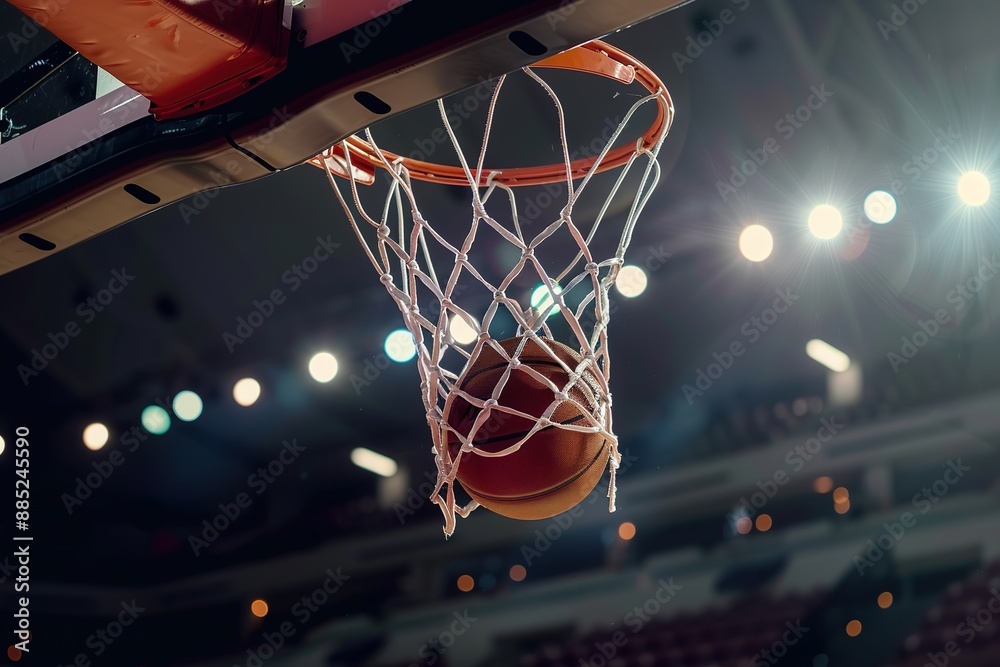Close-up of a basketball scoring through the hoop at an indoor court.