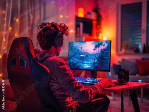 A man plays on a gamer desktop with a retro-illuminated keyboard, sitting comfortably on a gamer chair and enjoying action video games in a decorated room with ambient red led lights.