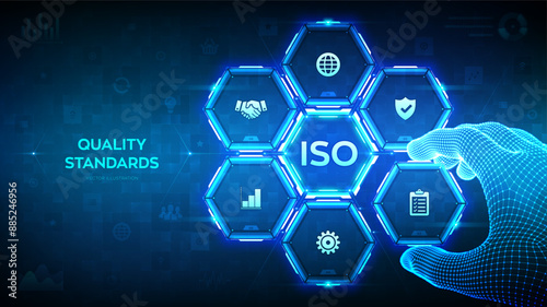 ISO standardization certification. Quality control. Quality standards control assurance warranty. Wireframe hand places an element into a composition visualizing Quality control. Vector illustration.