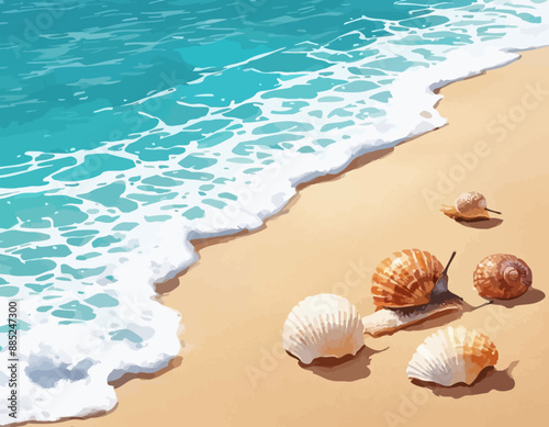 Serene Seaside Scene with Shells and Waves