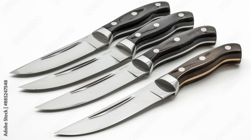 A set of premium steak knives with sharp blades and comfortable handles, displayed on an isolate white background A set of premium steak knives with sharp blades and comfortable handles, displayed on an isolate white background