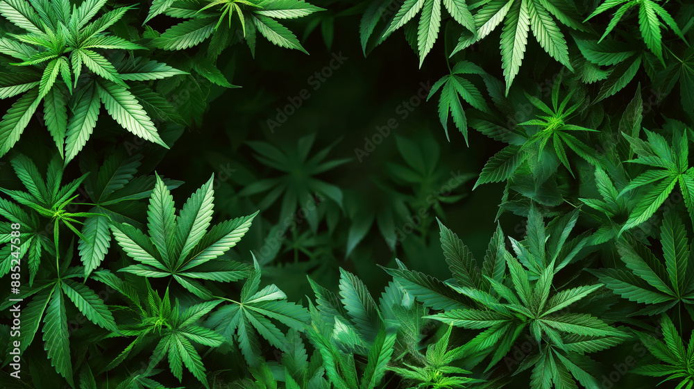 Close-up view of green cannabis leaves with serrated edges displayed in a dense arrangement. Close-up view of green cannabis leaves with serrated edges displayed in a dense arrangement.