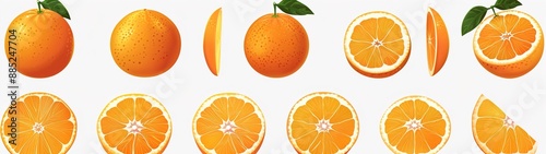 Orange oranges fruit, many angles and view side top sliced halved cut isolated on transparent background cutout, PNG file.illustration