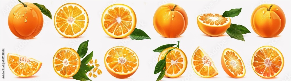 Fototapeta premium Orange oranges fruit, many angles and view side top sliced halved cut isolated on transparent background cutout, PNG file.illustration