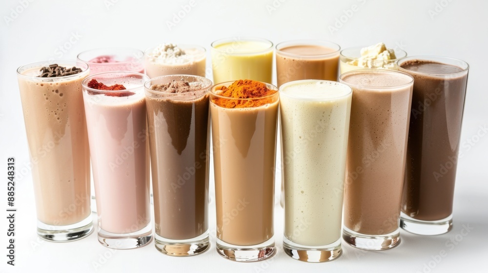 A variety of protein shakes in different flavors, emphasizing their role in post-workout recovery. Isolate white background A variety of protein shakes in different flavors, emphasizing their role in post-workout recovery. Isolate white background