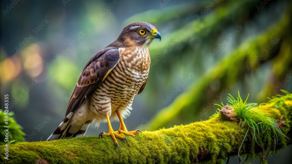 Majestic close-up of a regal sparrow-hawk perched on a moss-covered branch, intense gaze fixed on a verdant forest backdrop. Majestic close-up of a regal sparrow-hawk perched on a moss-covered branch, intense gaze fixed on a verdant forest backdrop.
