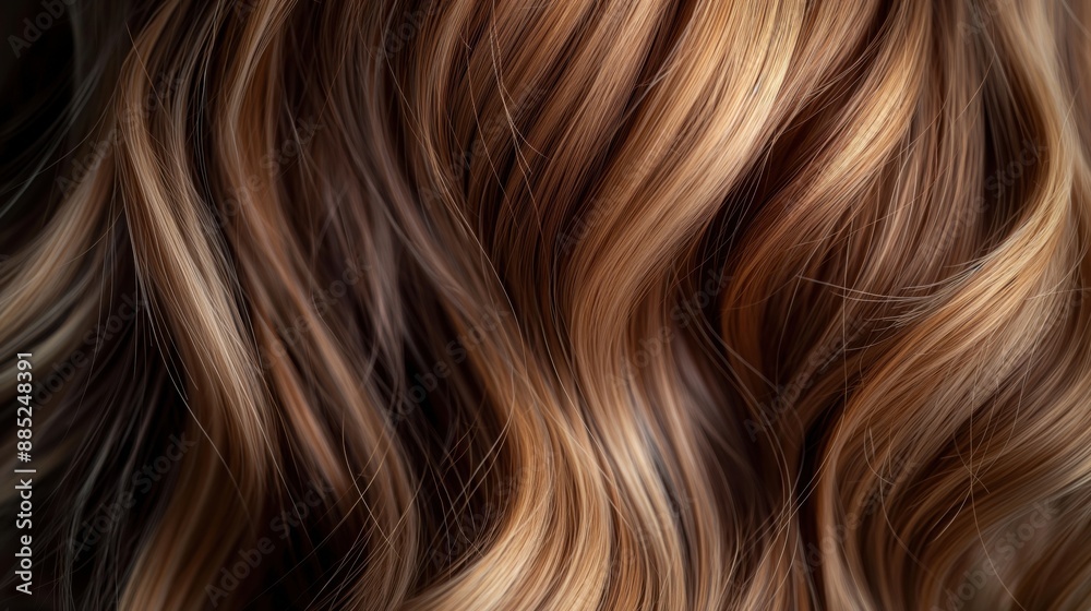 Close-up of wavy hair with a blend of brown and blonde highlights. Close-up of wavy hair with a blend of brown and blonde highlights.
